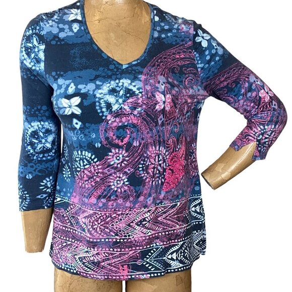 Chico's V-Neck 3/4 Sleeve Top Beaded Embroidered Sz 1 (M/8) #57B - Picture 1 of 9